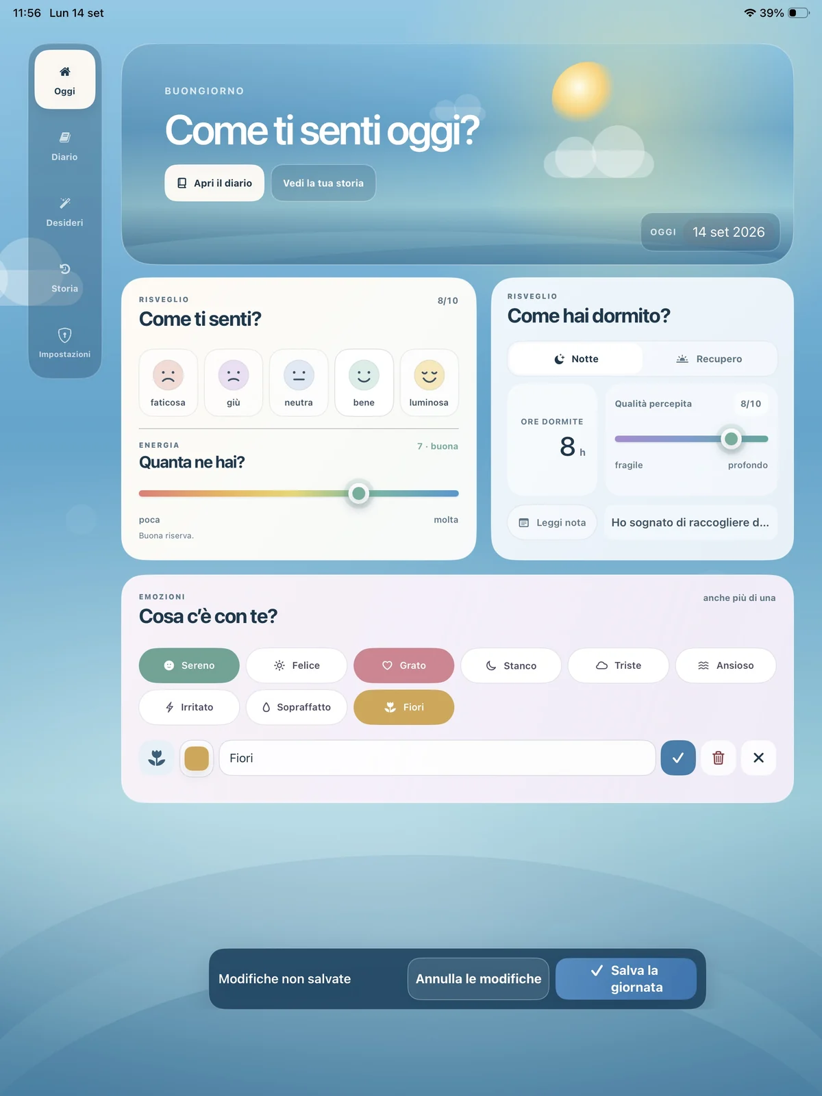 Oggi su iPad: umore, energia, riposo ed emozioni in un’unica schermata.