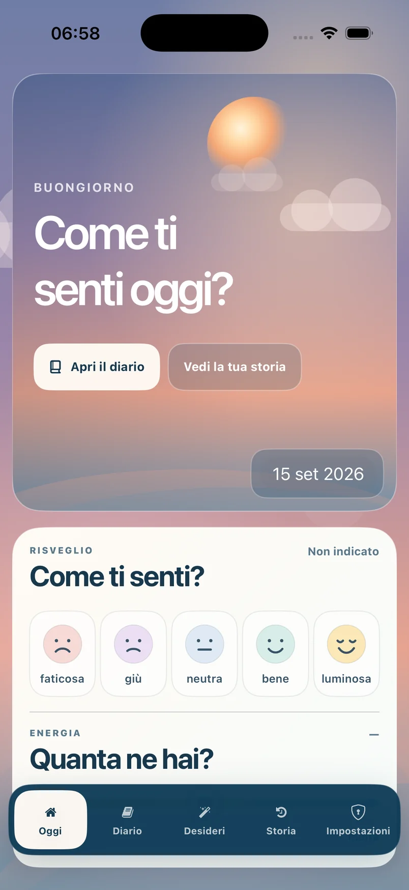 La schermata Oggi su iPhone, con un cielo all’alba e la domanda Come ti senti?